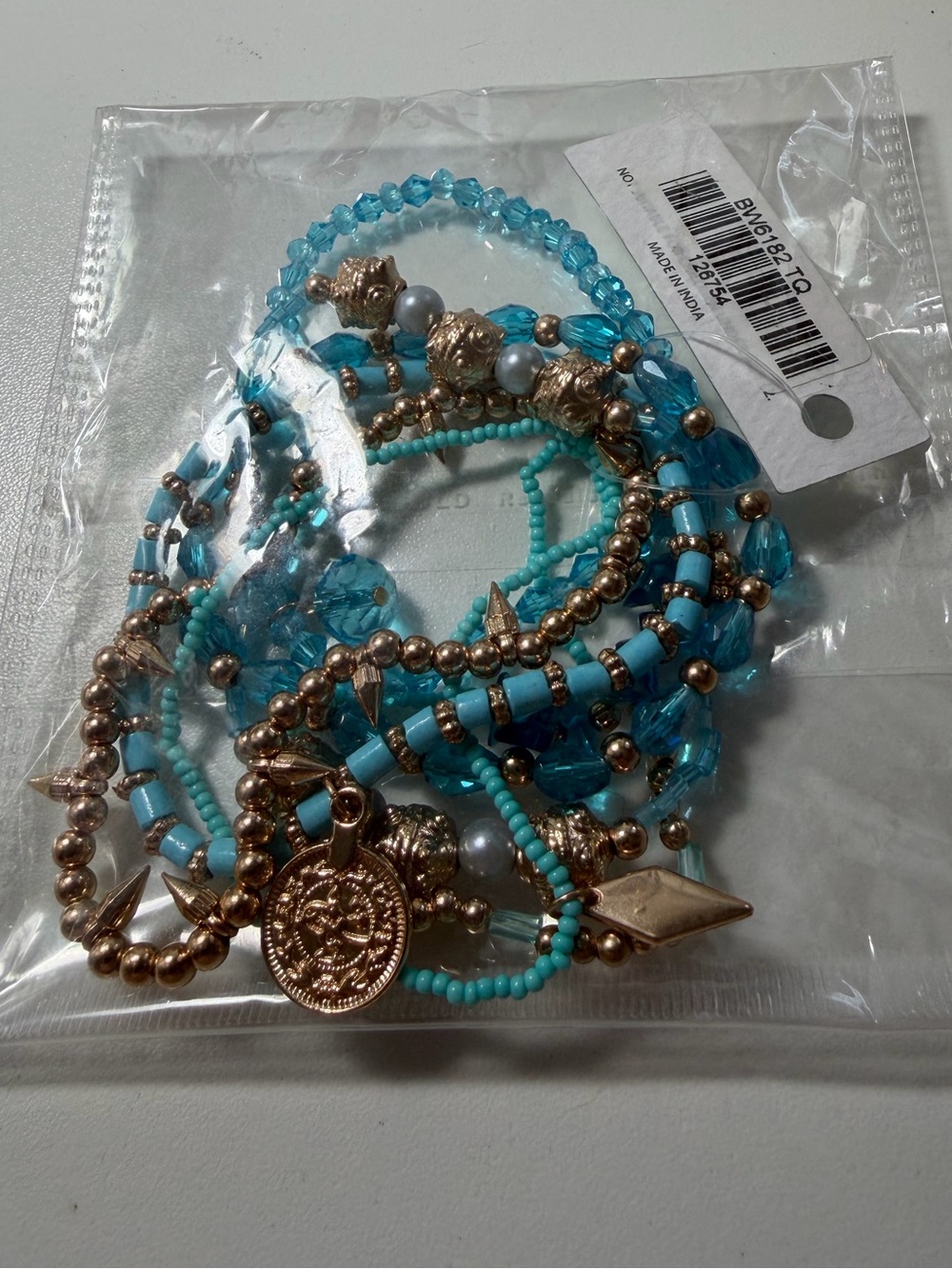 Source Unknown Turquoise and Gold Mixed Bead Stackable Bracelet Set